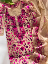 Phulkari pink embroidery on cream kurta Unstitched suit material
