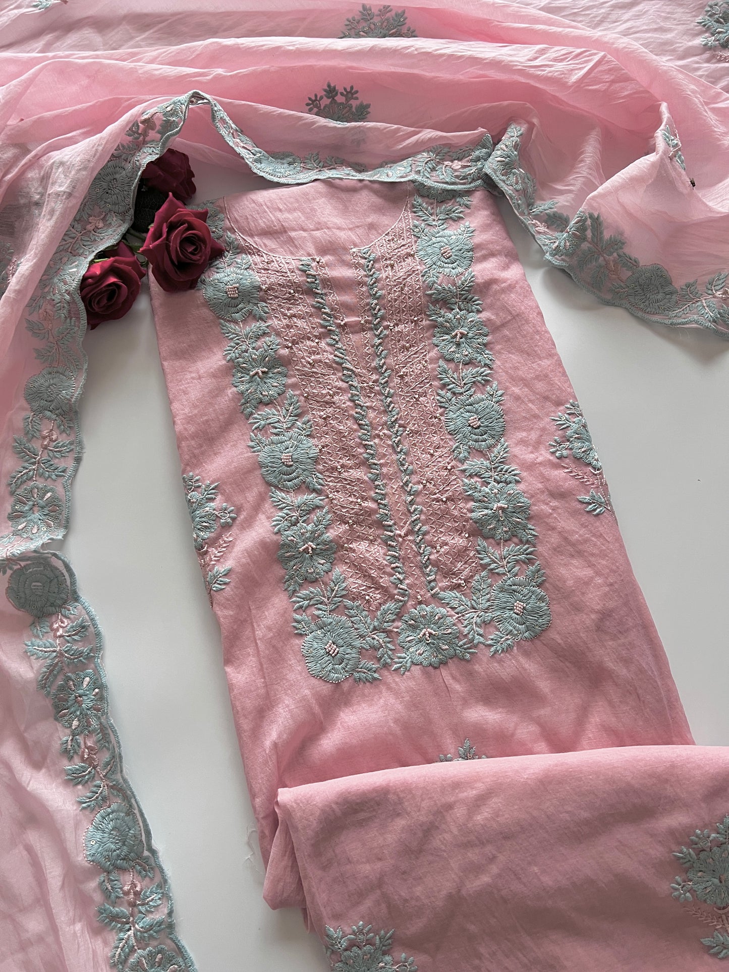 Pink Mul Chanderi embroidered Unstitched Suit