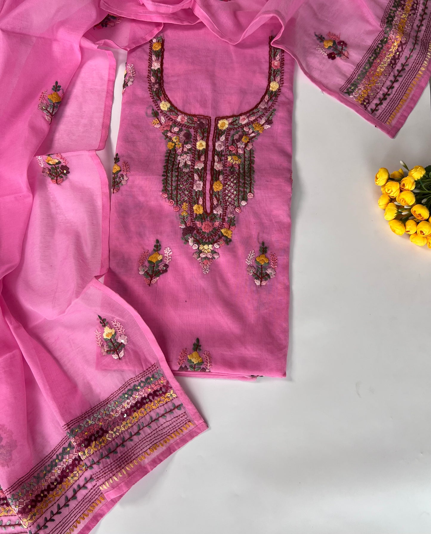 Pink Chanderi knot embroidery Unstitched suit material