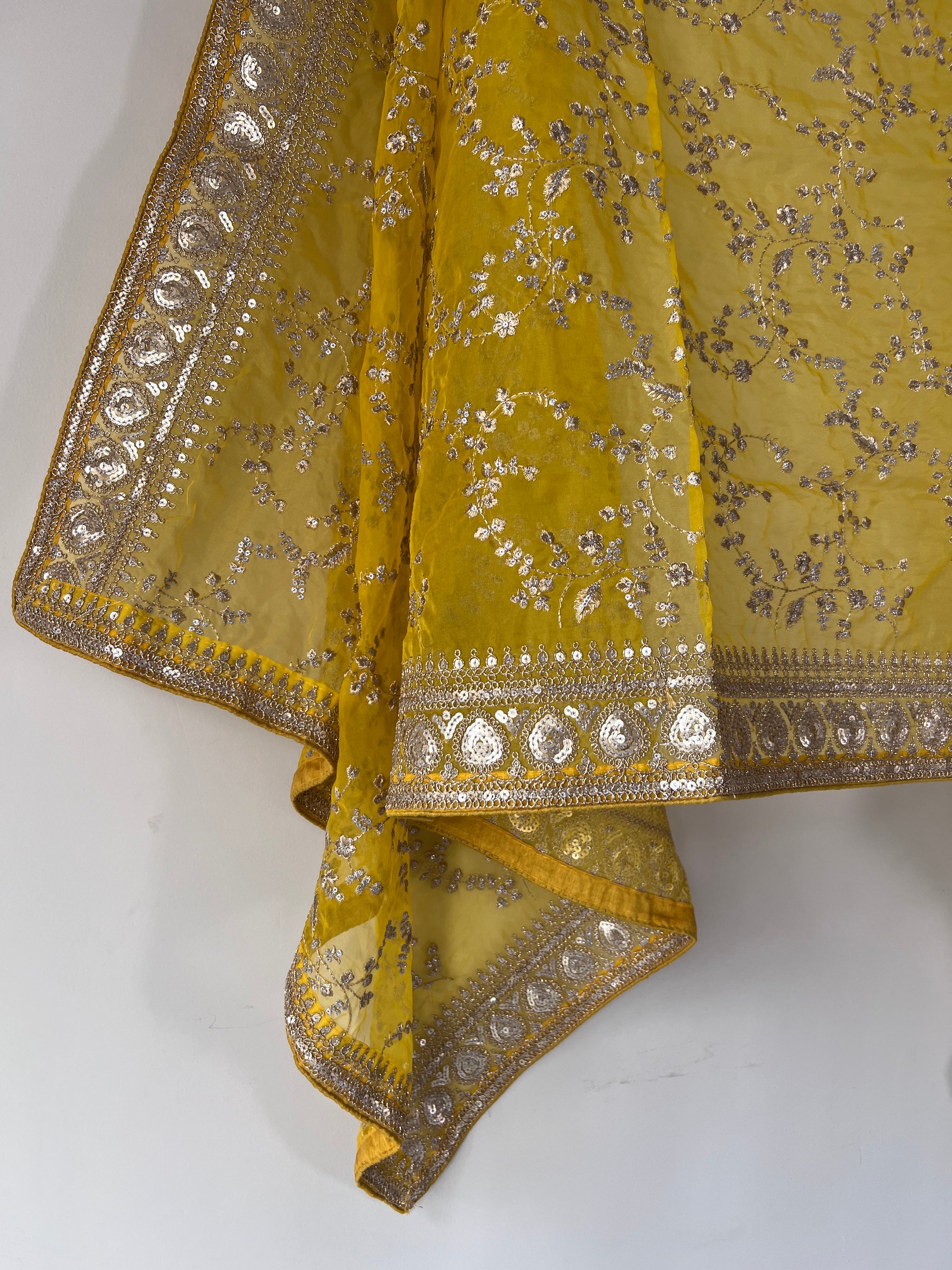 Yellow Organza Sabyasachi concept dupatta with all over embroidery