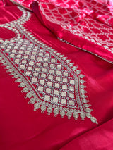 Red Gajji Silk With gotta work neck Unstitched suit