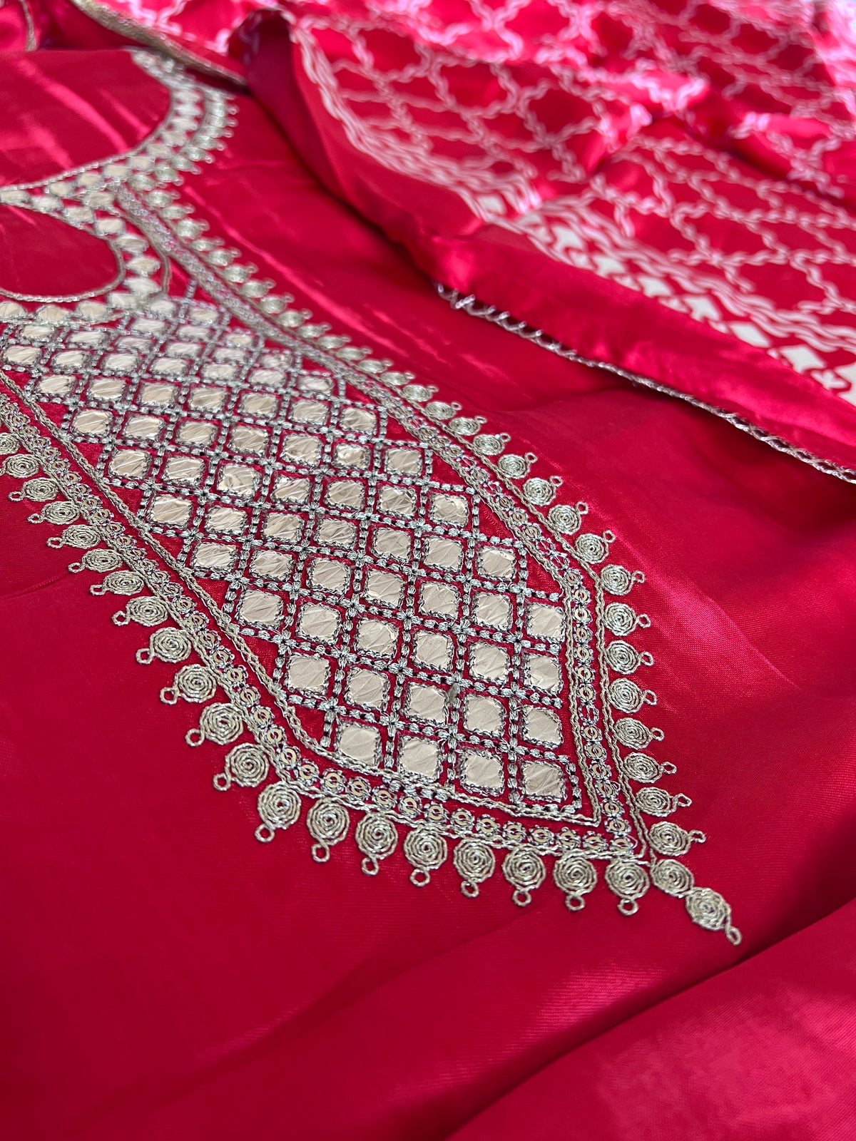 Red Gajji Silk With gotta work neck Unstitched suit