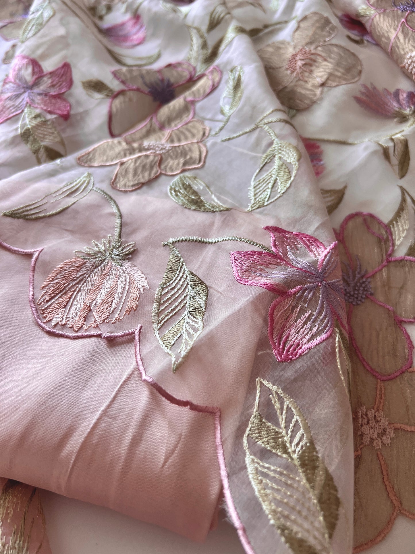 Floral Embroidery on Pure Silk Organza premium unstitched dress material in Pastel Peach