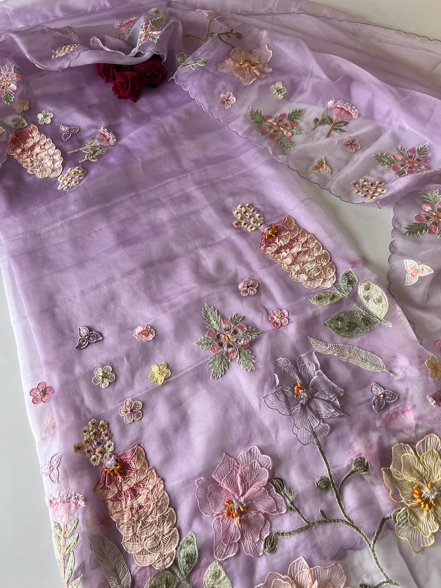 Purple 3D Embroidery on semi Organza premium unstitched dress material with floral work