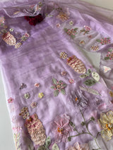 Purple 3D Embroidery on semi Organza premium unstitched dress material with floral work
