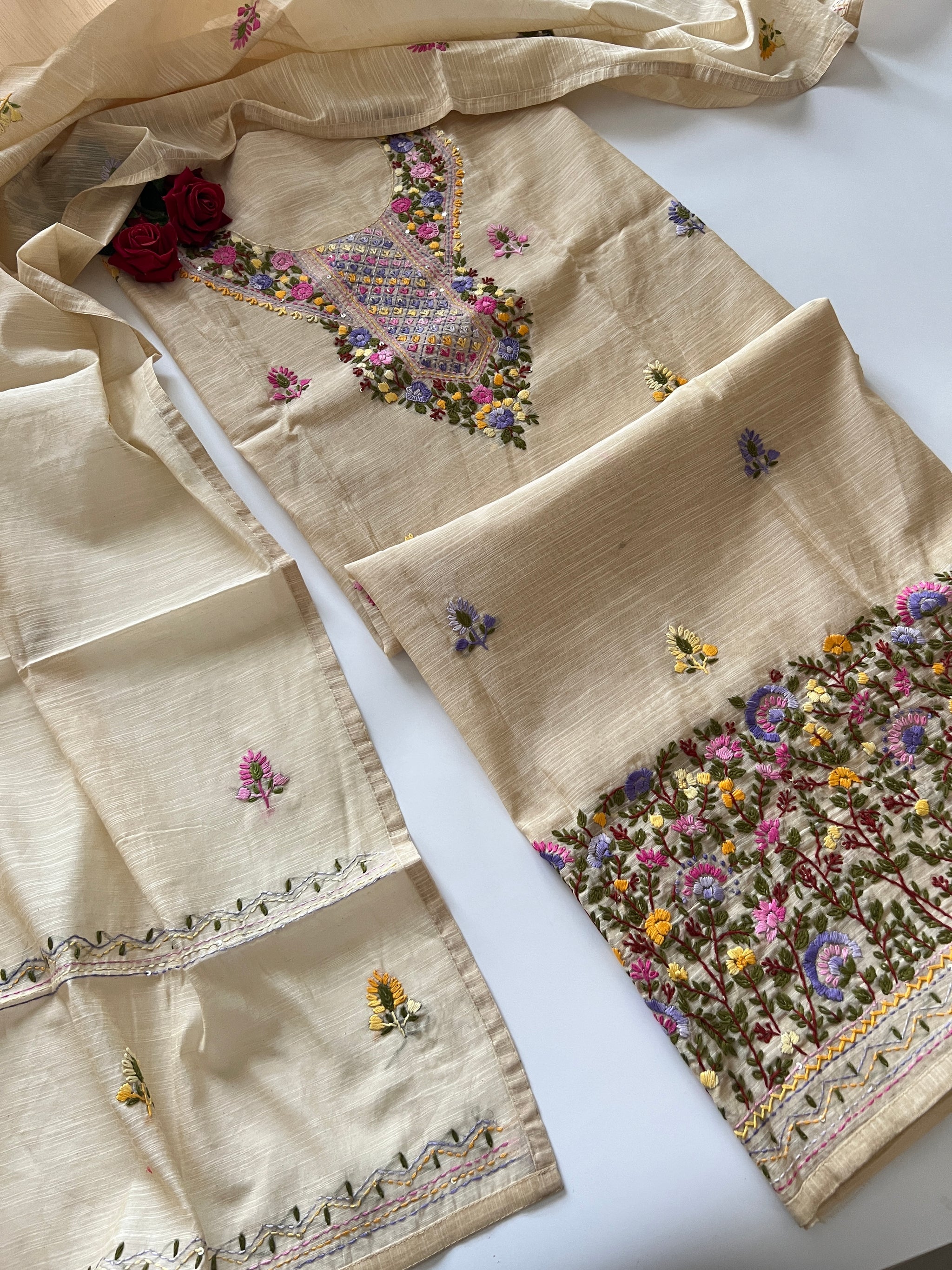 Beige Knot embroidery Unstitched suit material 2 pc