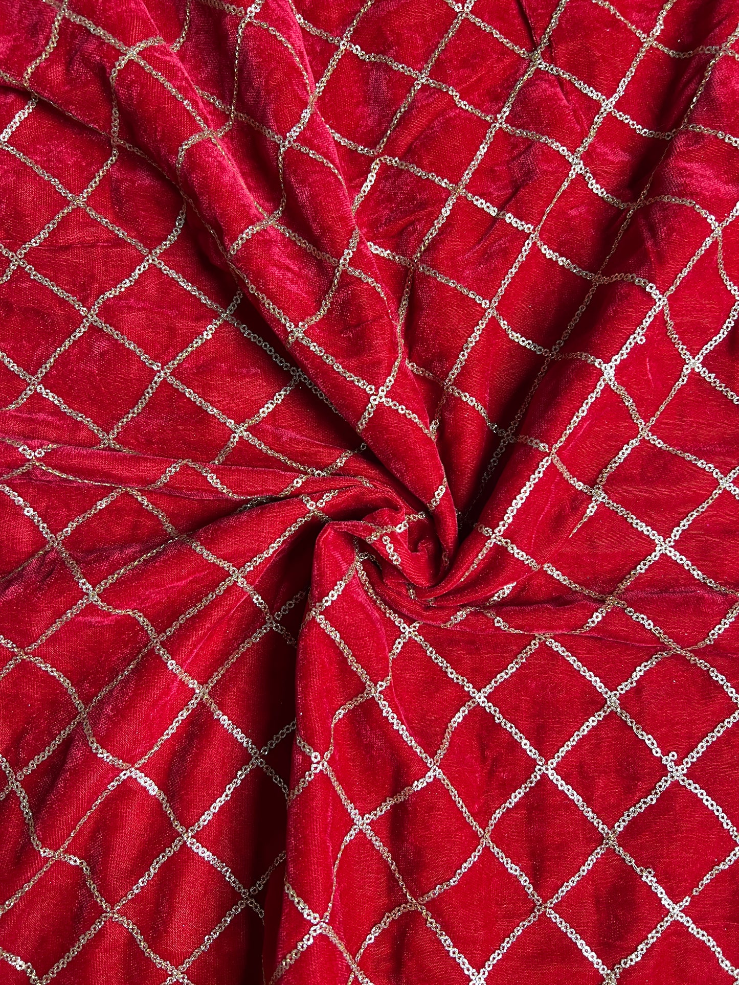 Red velvet sequin embroidered fabric
