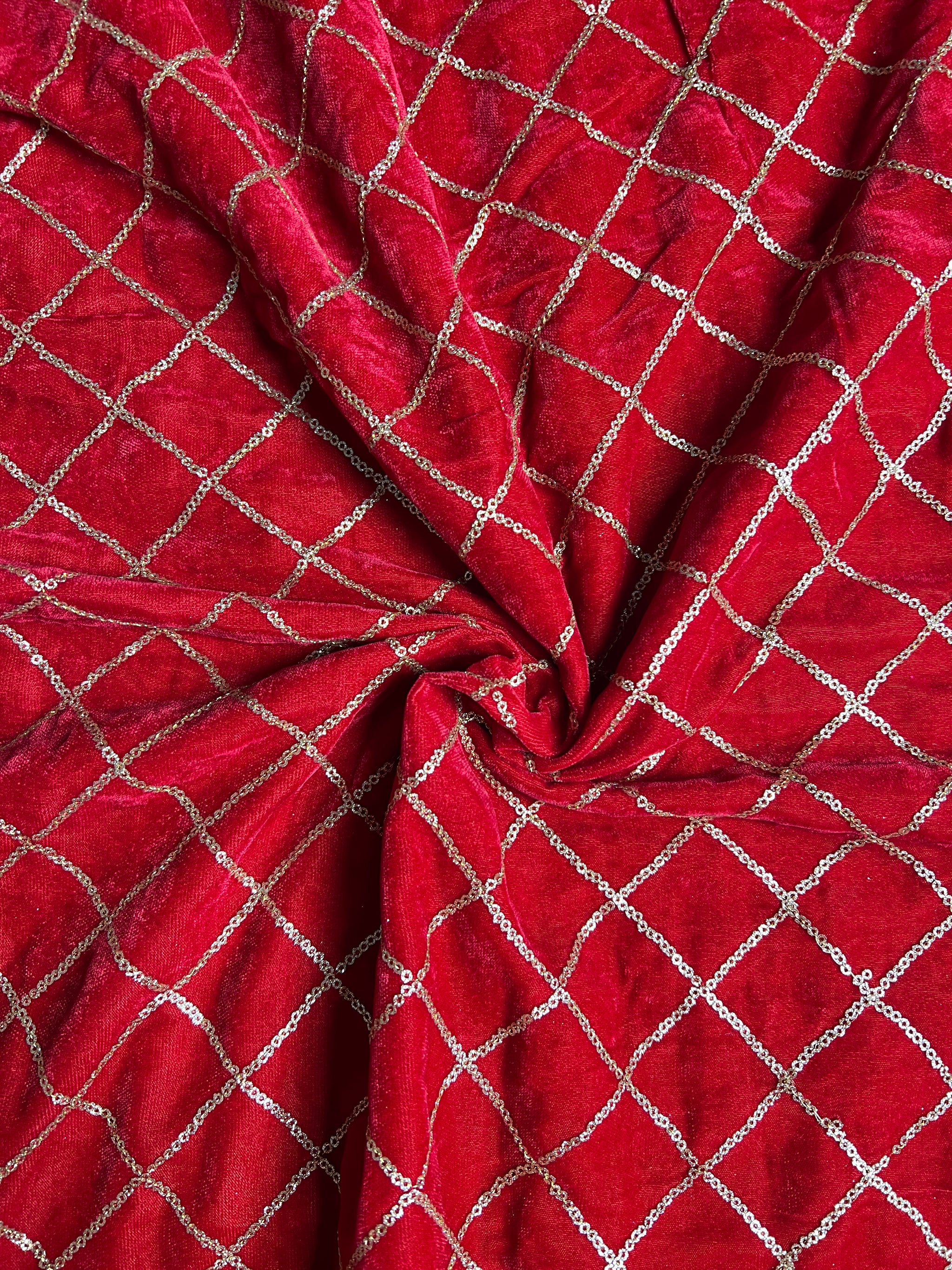 Red velvet sequin embroidered fabric