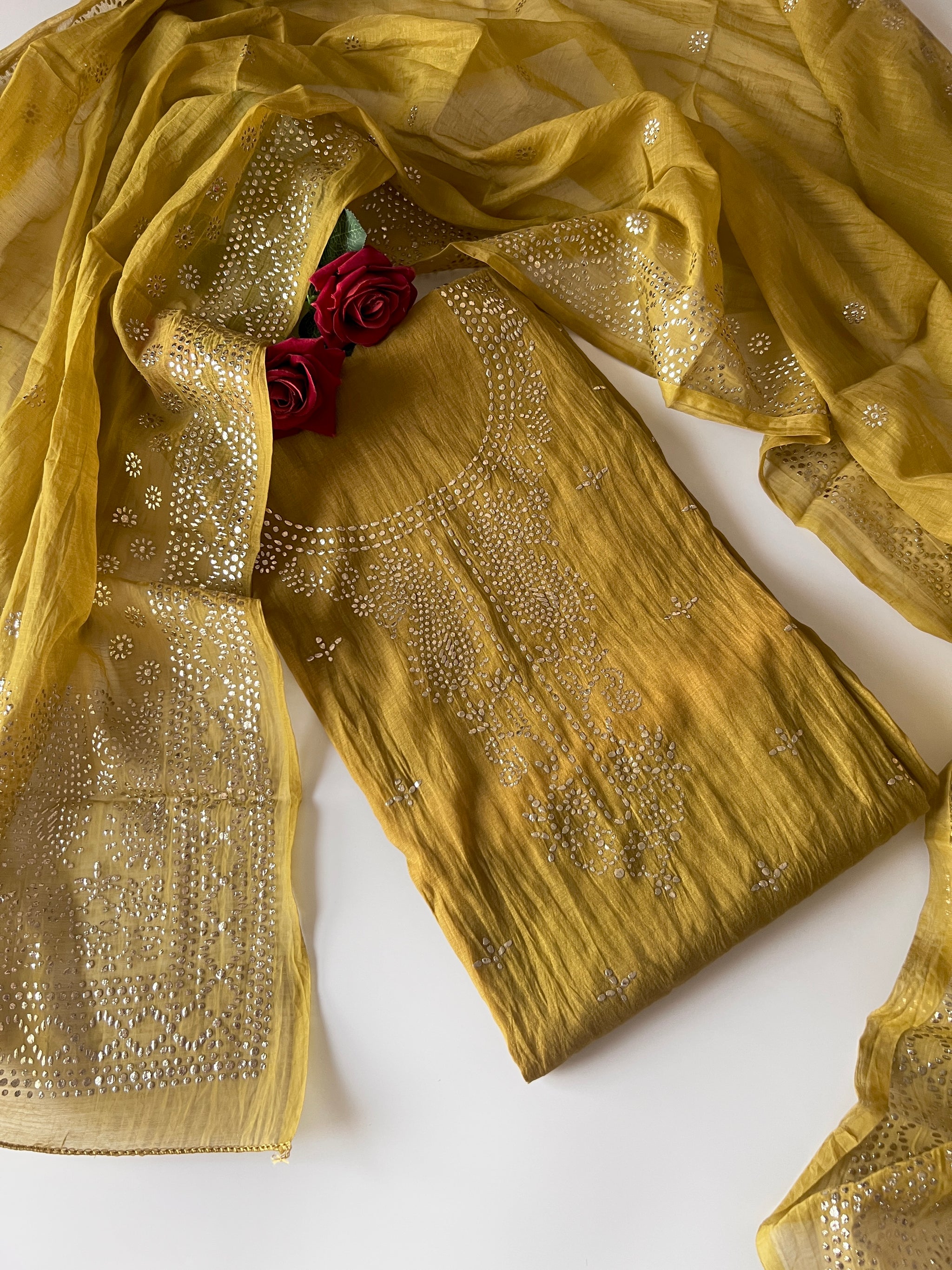 Yellow Mul Chanderi dress material with mukaish