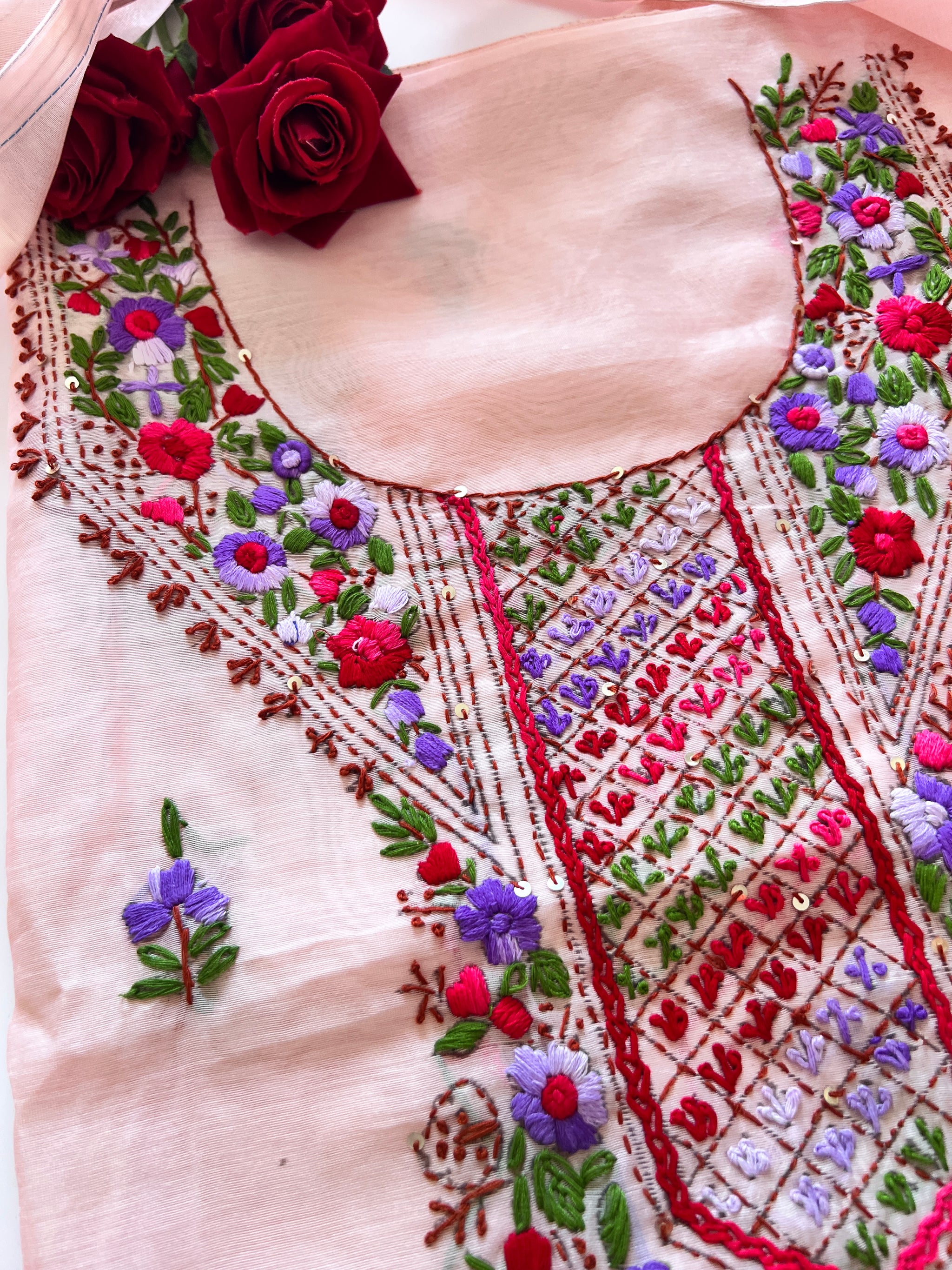 Very light pink knot embroidery Unstitched suit material