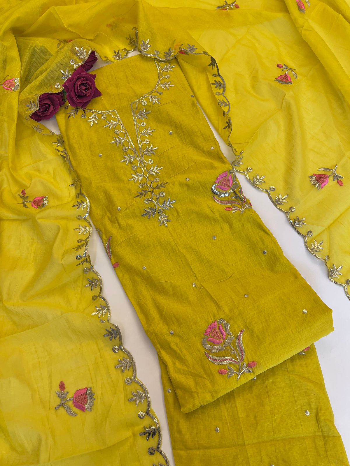 Pitta with thread work on Mul Chanderi dress material - Unstitched Suit set