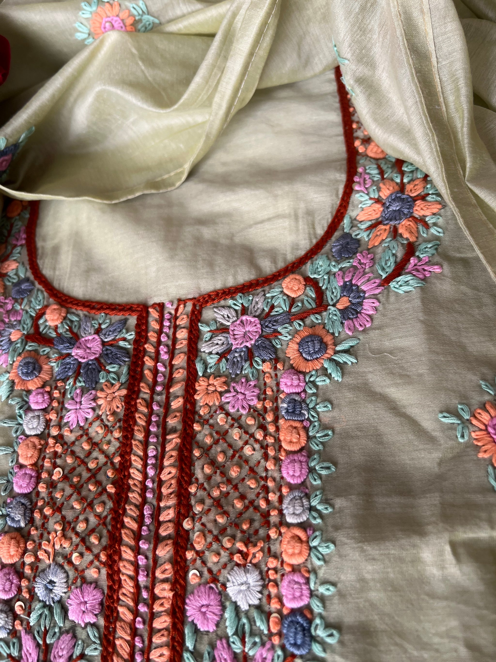 Pista Green Chanderi embroidered kurta dupatta set