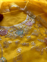 Pure Silk Organza Full embroidered premium unstitched suit in yellow
