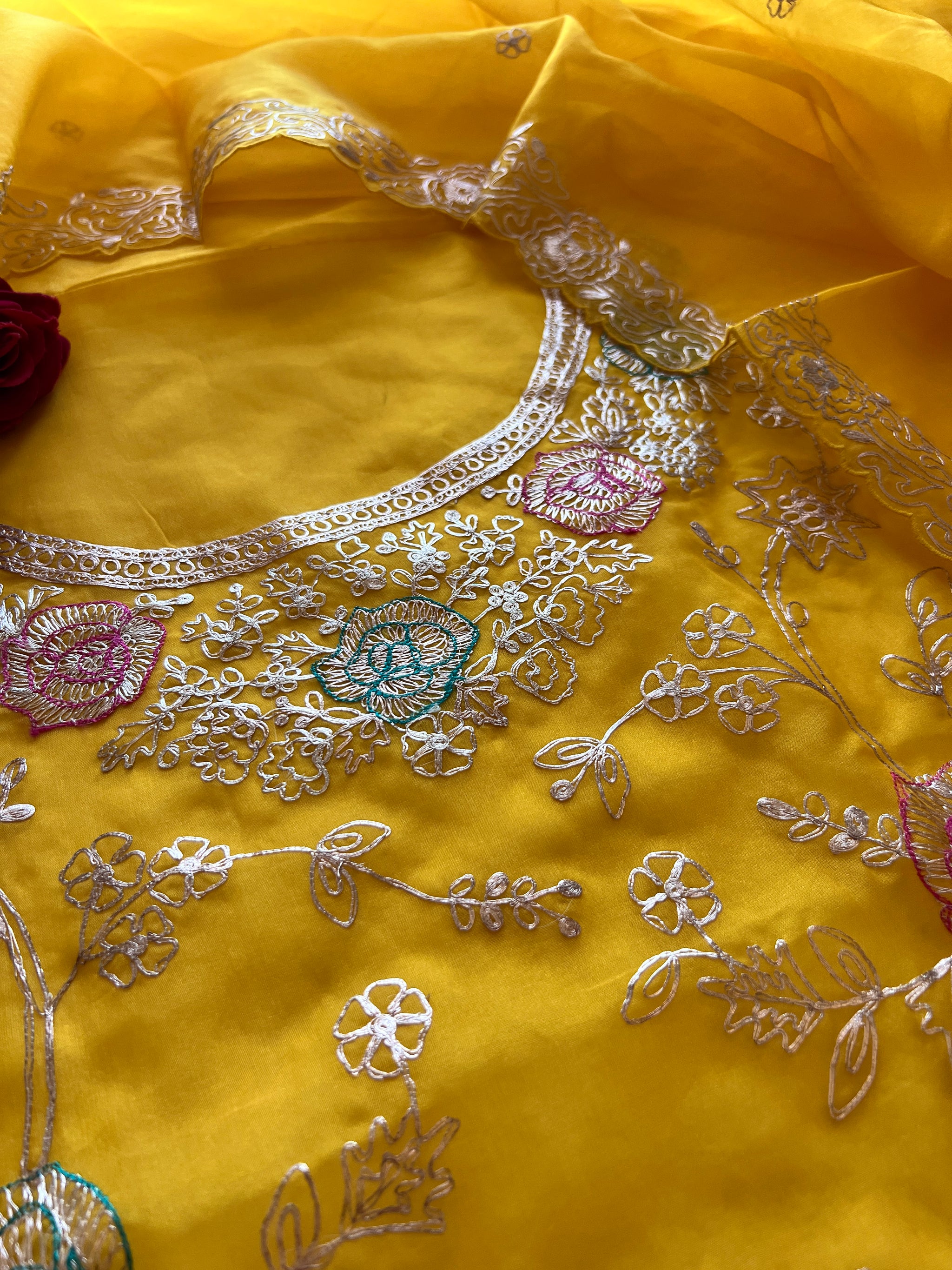Pure Silk Organza Full embroidered premium unstitched suit in yellow