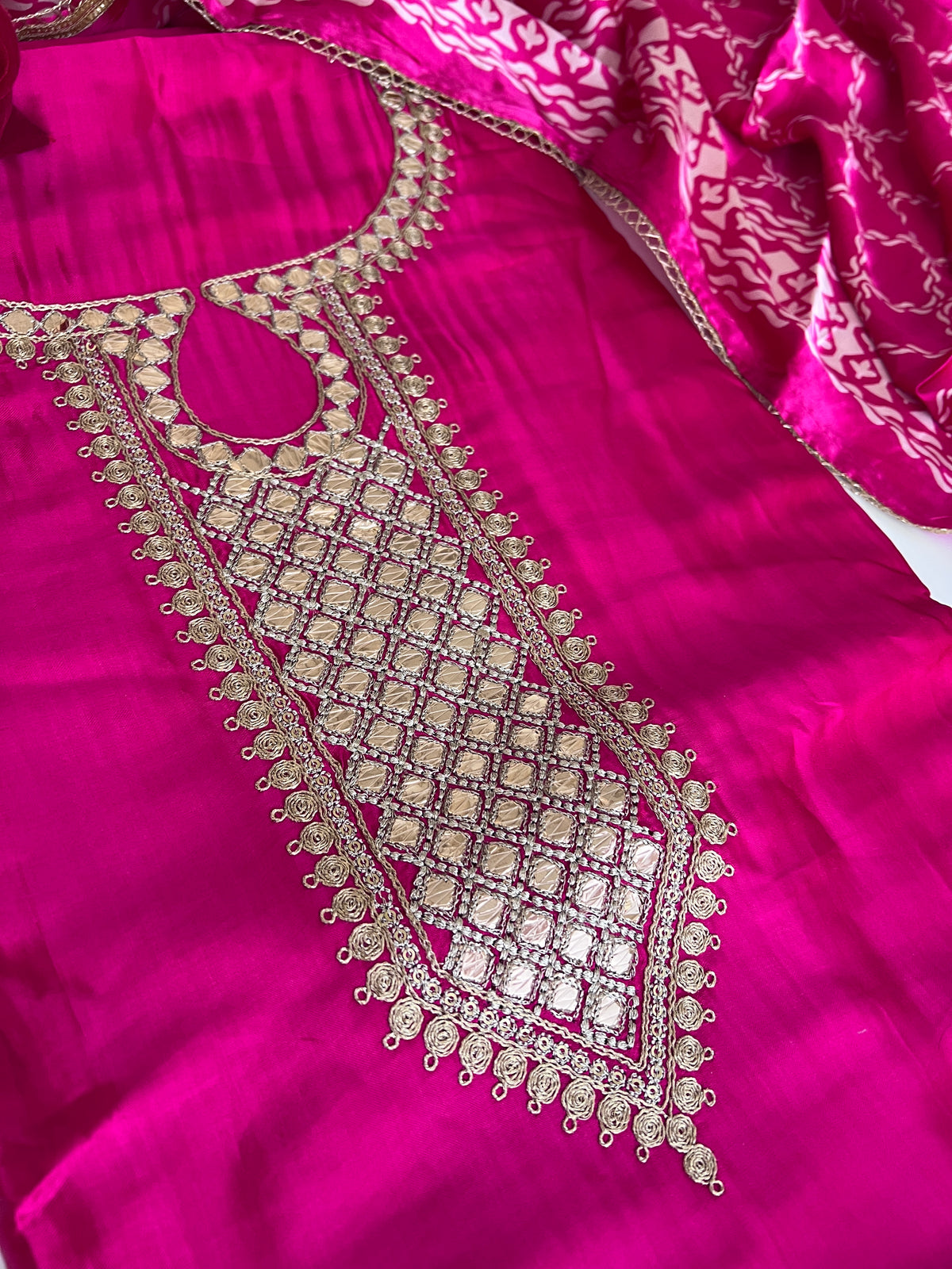 Pink Gajji Silk With gotta work neck Unstitched suit