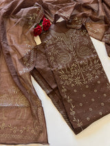 Brown Mul Chanderi dress material with mukaish -Flamingo