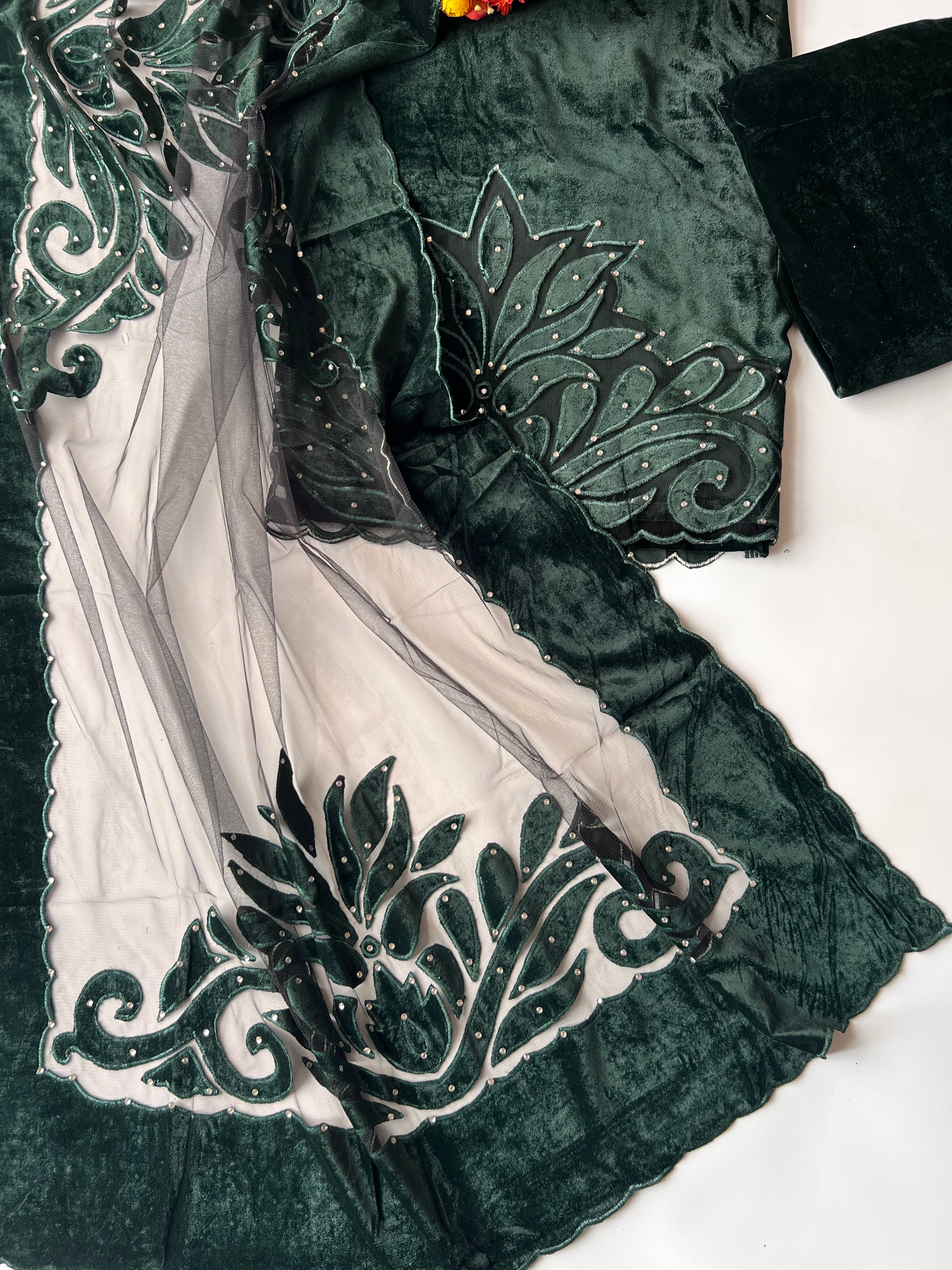 Green color Velvet cut work designer party wear unstitched suit set