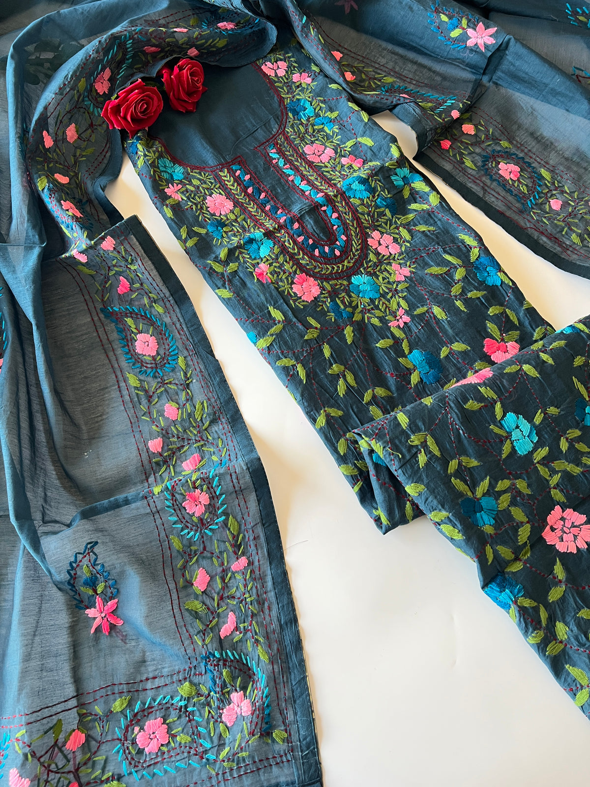 Blue Phulkari embroidery Unstitched suit material