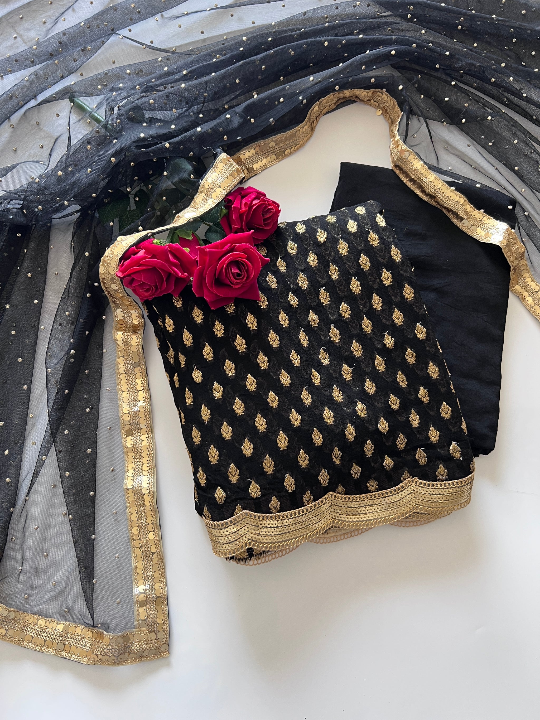 Black Banarsi Georgette Embroidered Unstitched Suit set