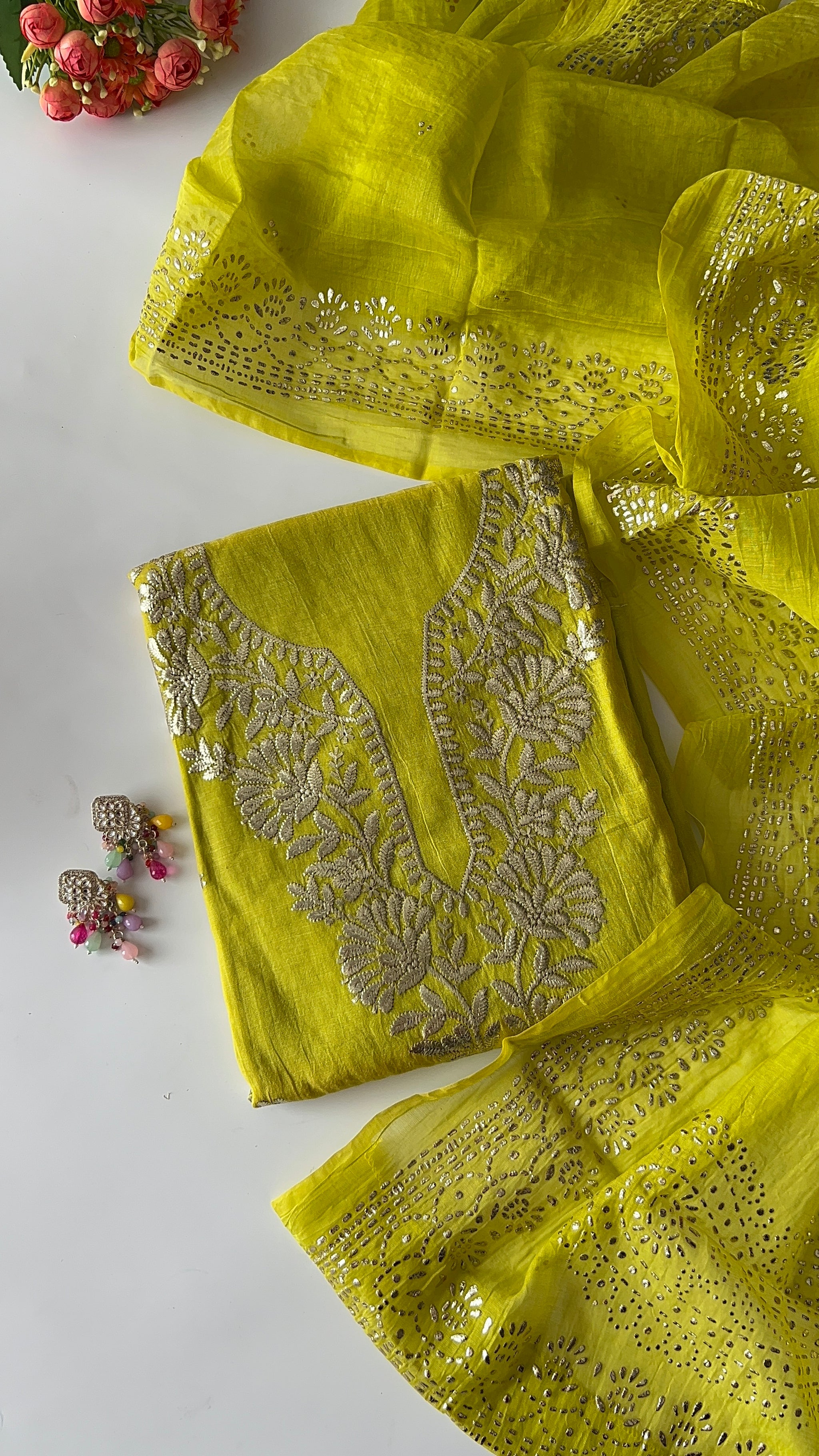Green Mul Chanderi dress material with pitta and mukaish work