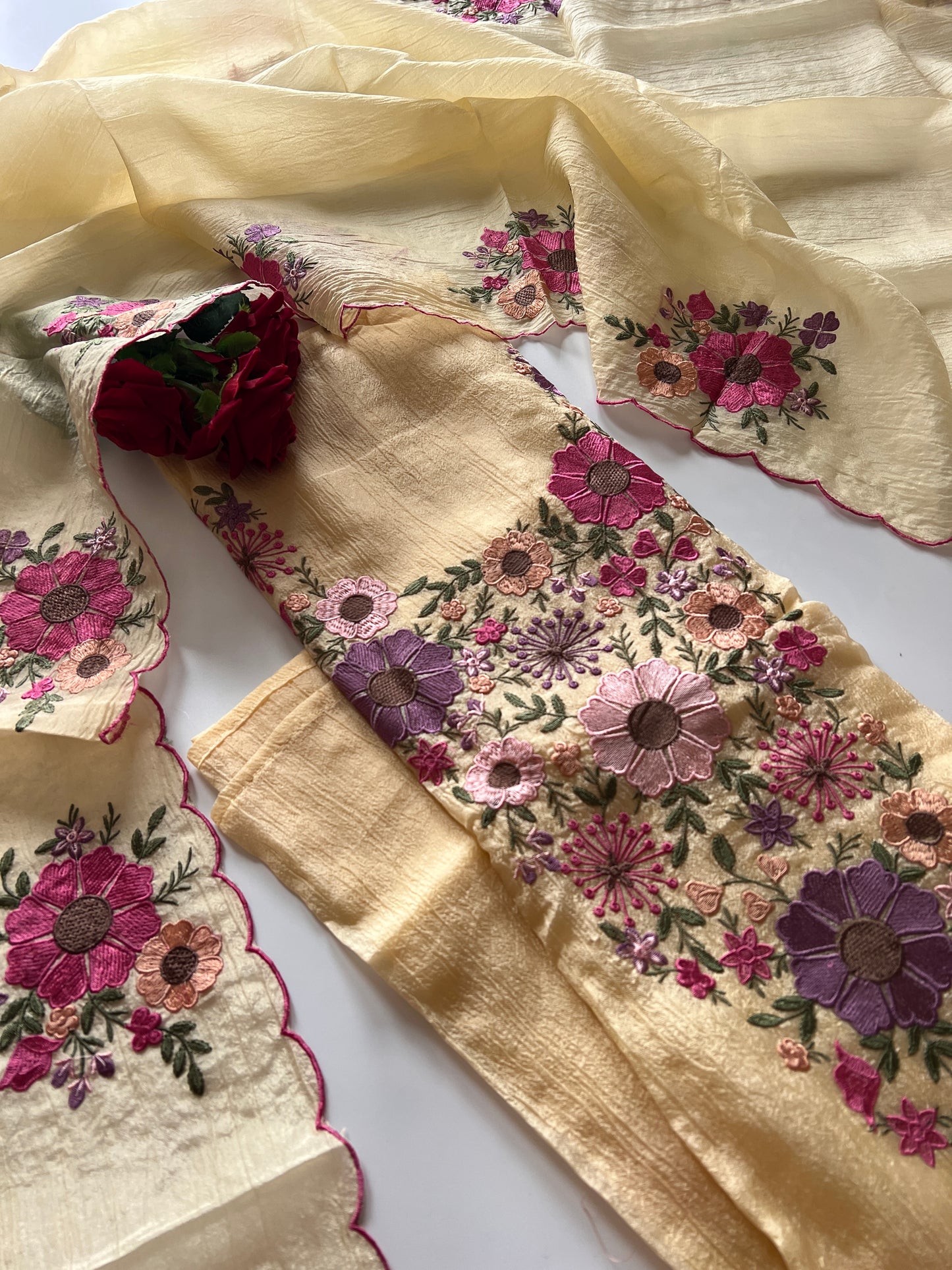 Yellow Sunflower Embroidery Crush dress material unstitched
