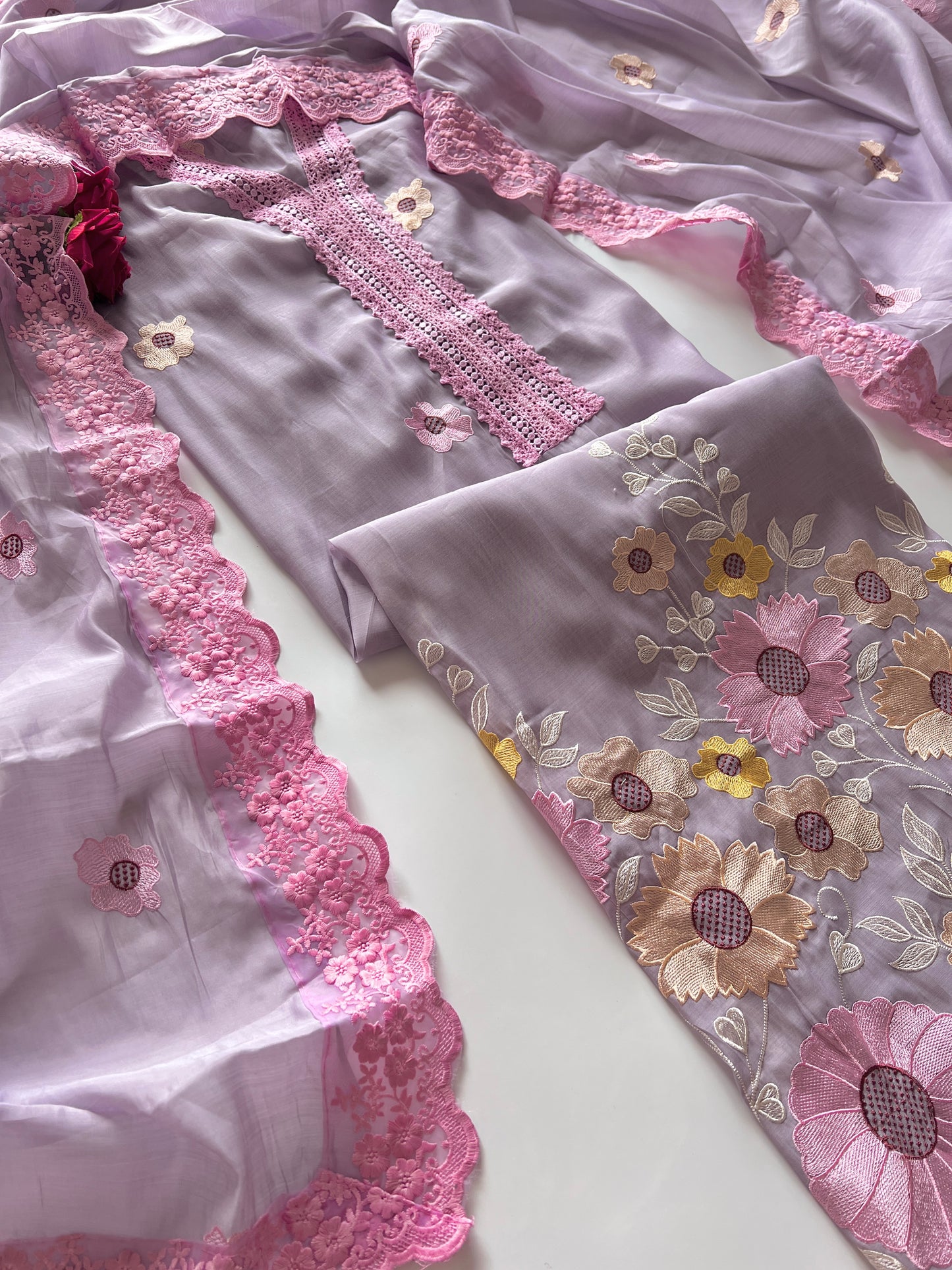 Purple Sunflower Embroidery Mul Masleen Dress material