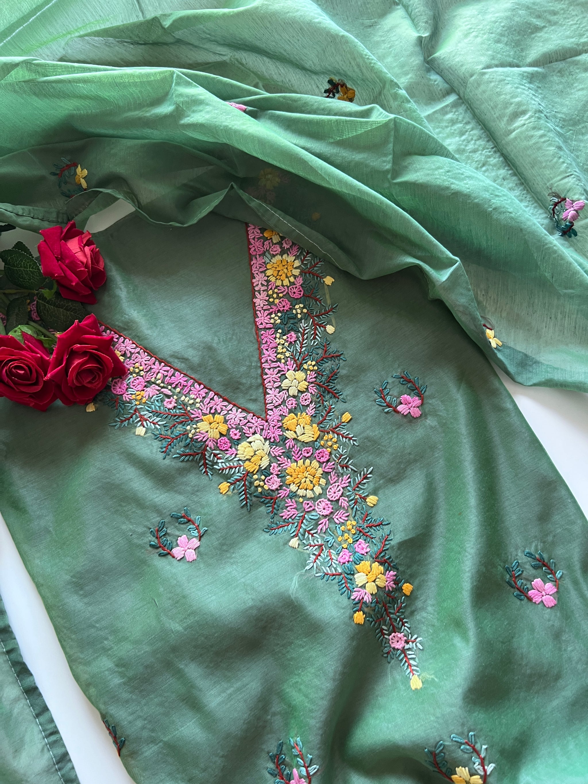 Green Knot embroidery Unstitched suit material 2 pc