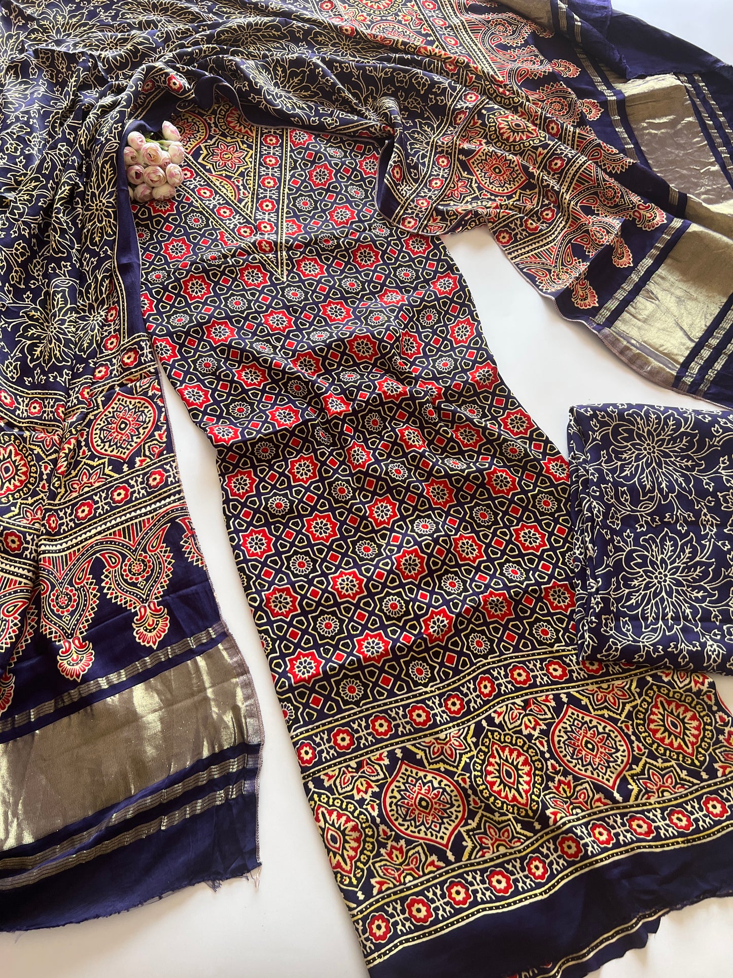 Blue Ajrakh Handblock print 3 pc fabric Unstitched suit set