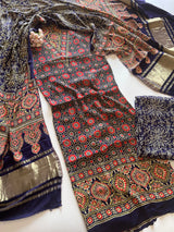 Blue Ajrakh Handblock print 3 pc fabric Unstitched suit set