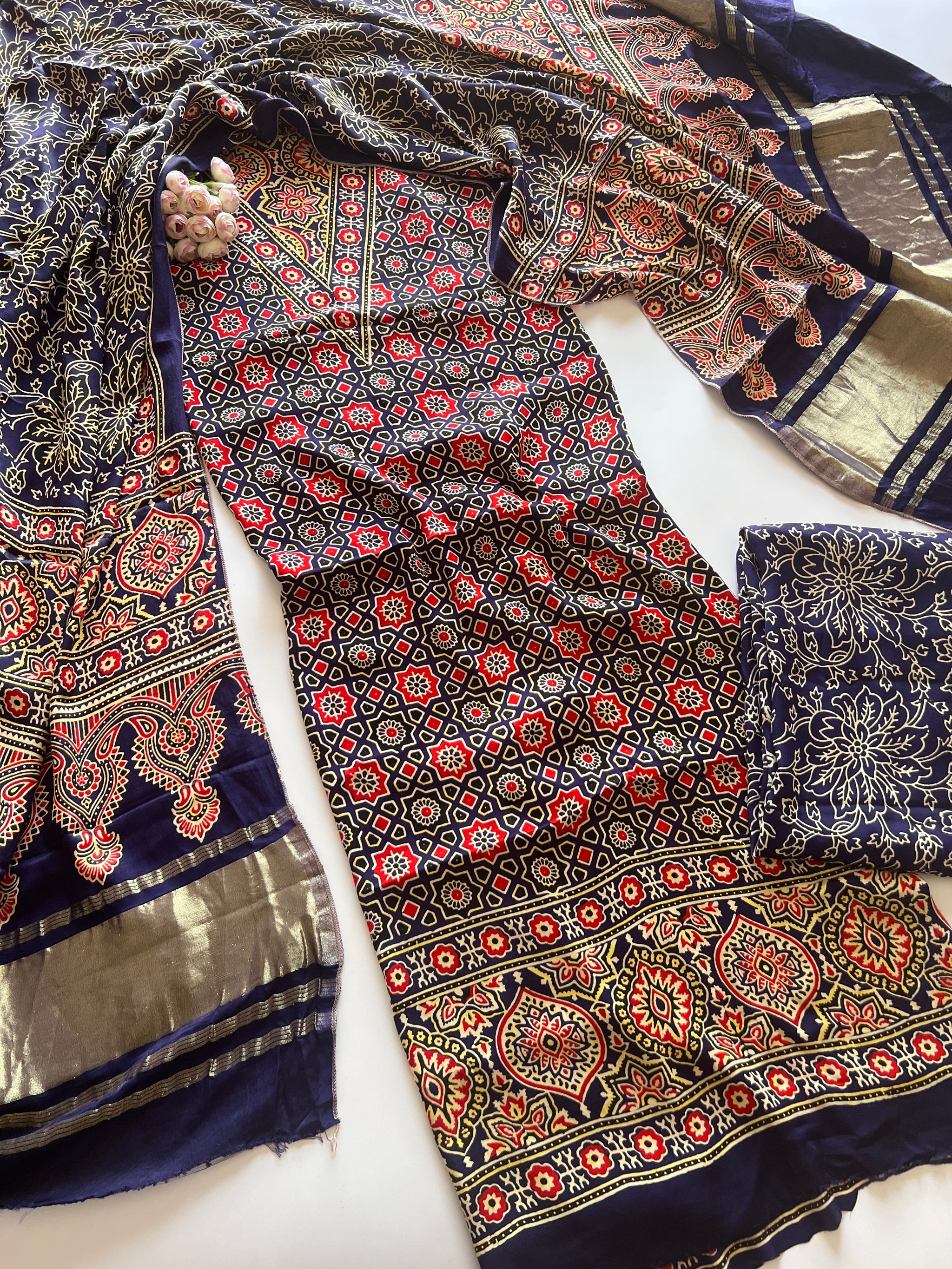 Blue Ajrakh Handblock print 3 pc fabric Unstitched suit set
