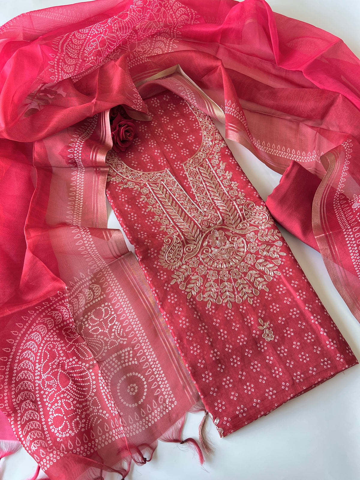 Red soft Organza crepe with Pitta work and bandej