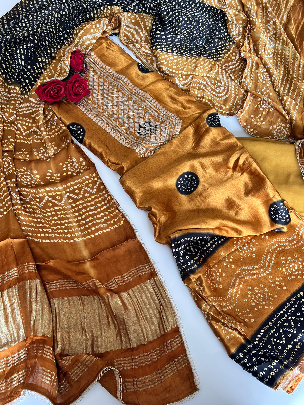 Gold Gajji Silk With gotta work neck Unstitched suit