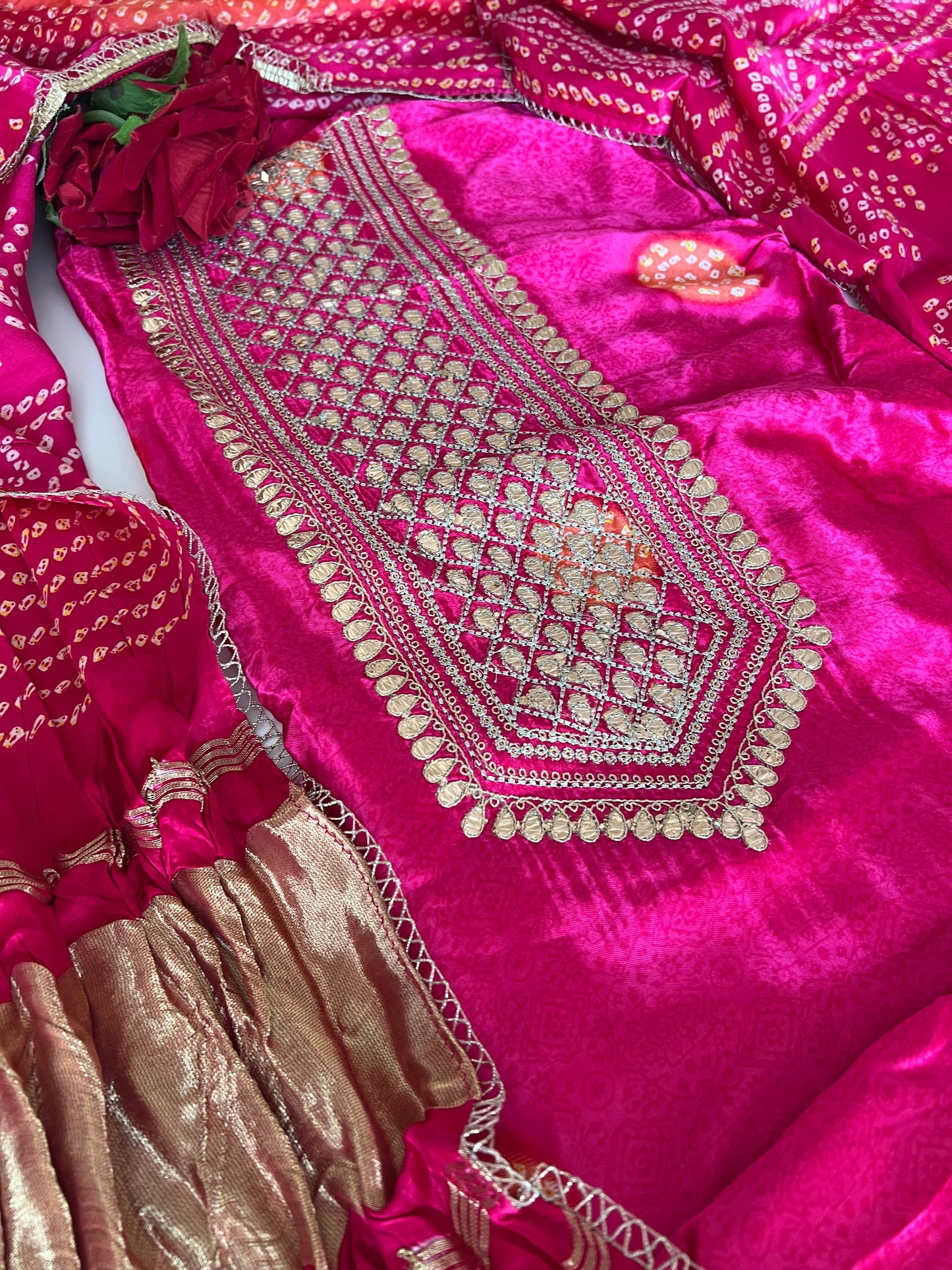 Pink Gajji Silk With gotta work neck Unstitched suit