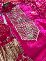 Pink Gajji Silk With gotta work neck Unstitched suit