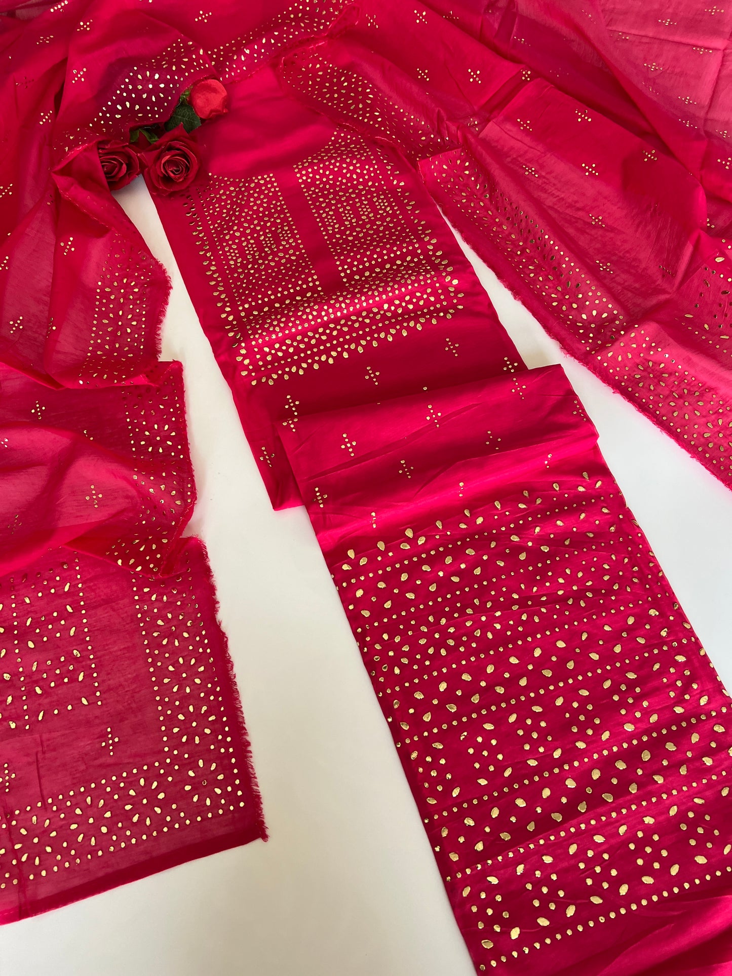 Pink Mul Chanderi dress material with mukaish geometric