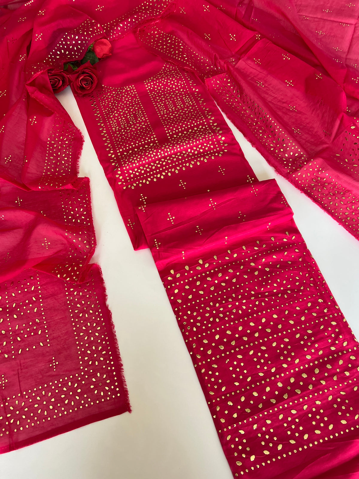Pink Mul Chanderi dress material with mukaish geometric