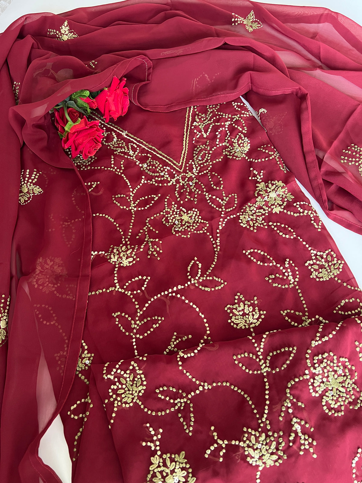 Maroon Georgette Knot Embroidery Unstitched suit set 3 pc