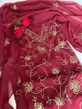 Maroon Georgette Knot Embroidery Unstitched suit set 3 pc