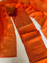 Orange Mul Chanderi dress material with mukaish geometric