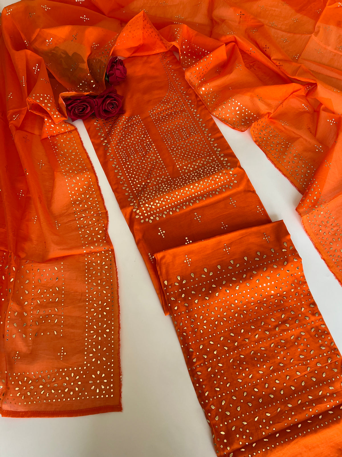 Orange Mul Chanderi dress material with mukaish geometric