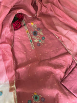 Pink Floral Embroidery tissue Jamdani Dress material