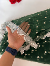 Green Net dupatta with scallop Silver border