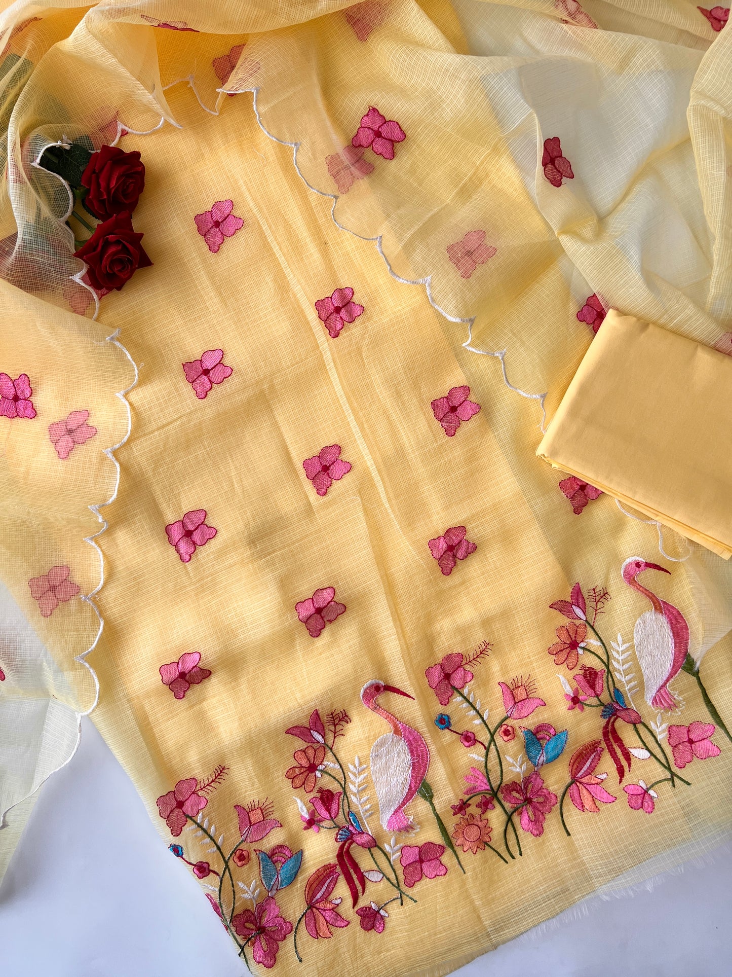 Yellow Kotta with flamingo embroidered kurta dupatta set Unstitched