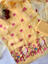 Yellow Kotta with flamingo embroidered kurta dupatta set Unstitched