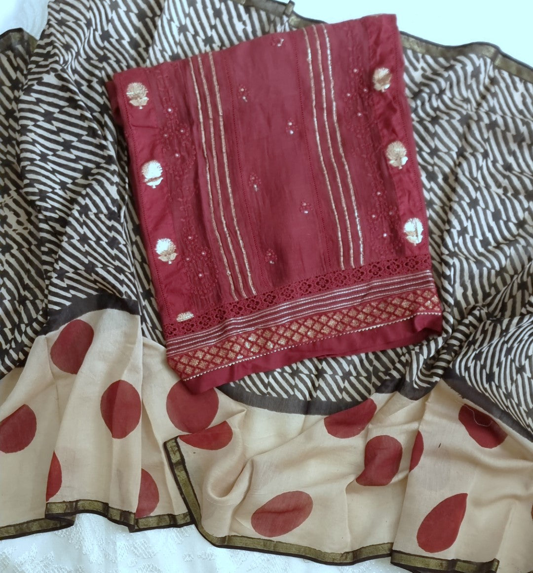 Maroon Pure Maheshwari Designer Dress material