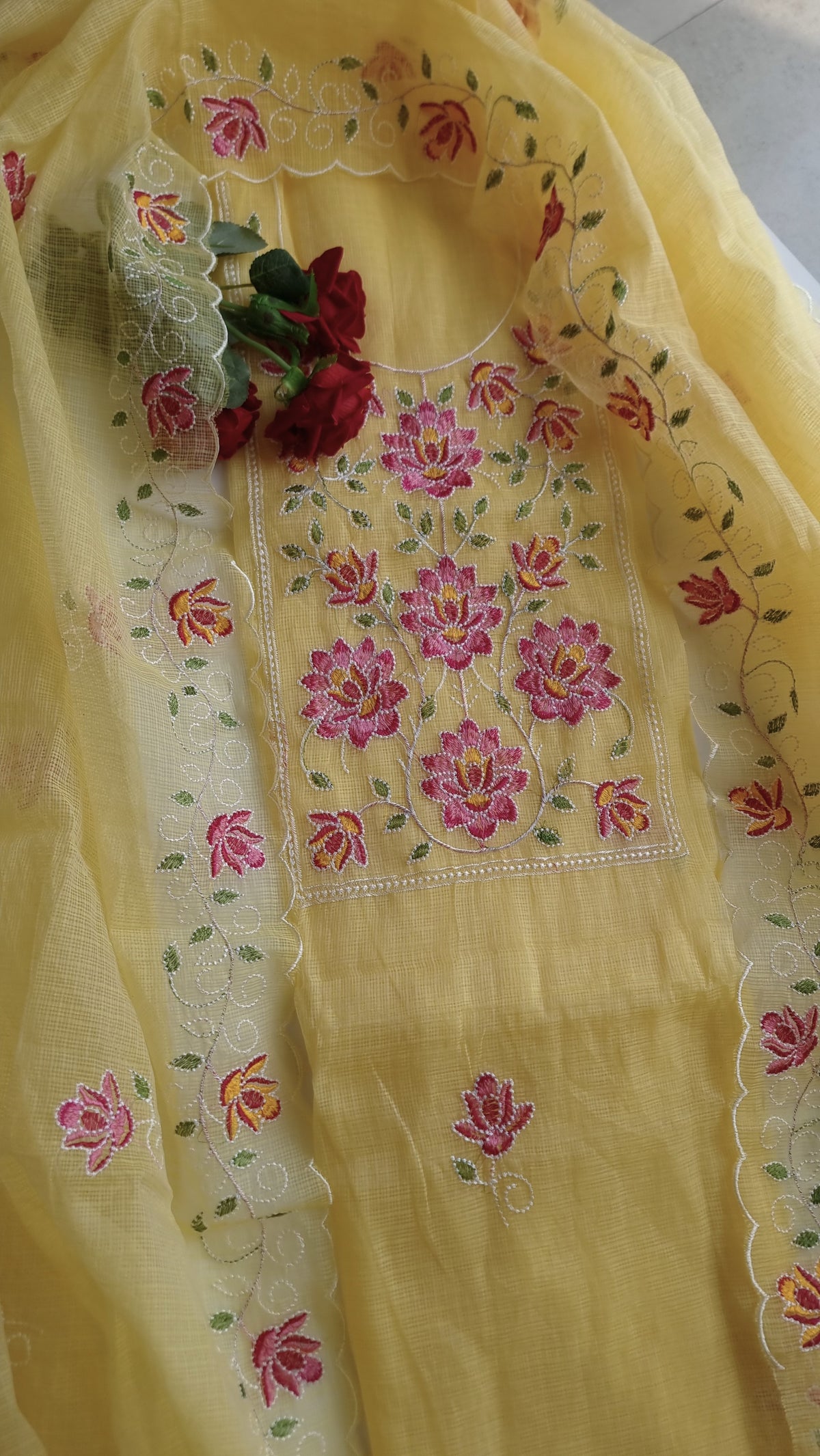 Yellow Kotta embroidered kurta dupatta set Unstitched