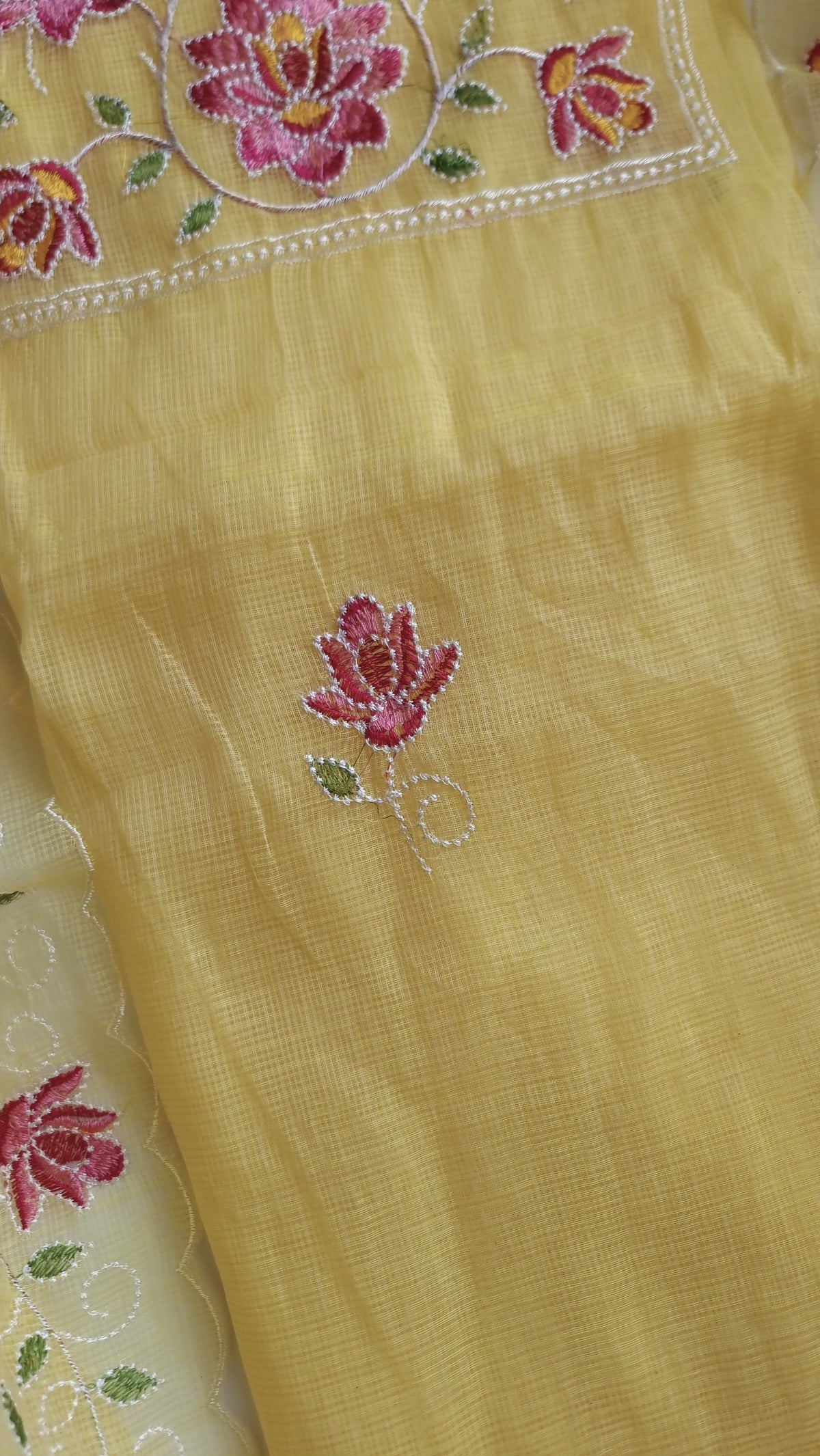 Yellow Kotta embroidered kurta dupatta set Unstitched