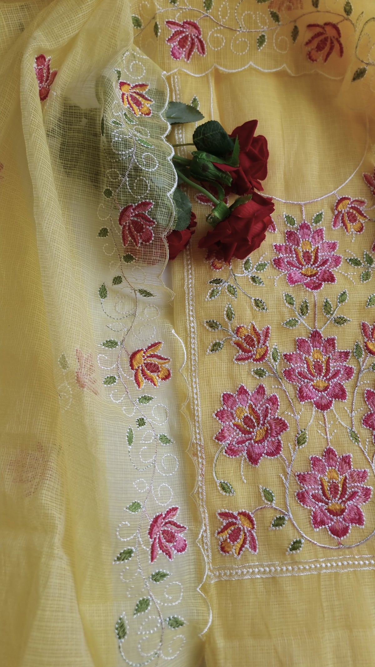 Yellow Kotta embroidered kurta dupatta set Unstitched
