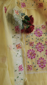 Yellow Kotta embroidered kurta dupatta set Unstitched