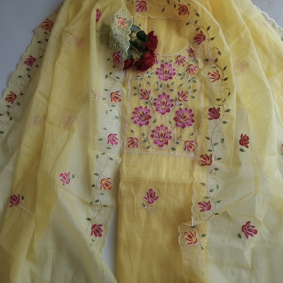 Yellow Kotta embroidered kurta dupatta set Unstitched